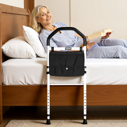 Bed Rail for Elderly, Bedside Assist Rails with Supporting Leg and PU Handrail, Adjustable Height Carbon Steel Pipe Bedside Cane, Bed Bars for Seniors & Patients, Fits King, Queen, Full, Twin