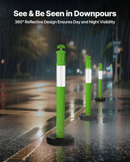 3 Pack Traffic Delineator Posts, 1140 mm Traffic Safety Cones with Fillable Base and Reflective Strips, Heavy Duty Delineator Posts for Construction Site, Parking Lot, Crowd Control, Green