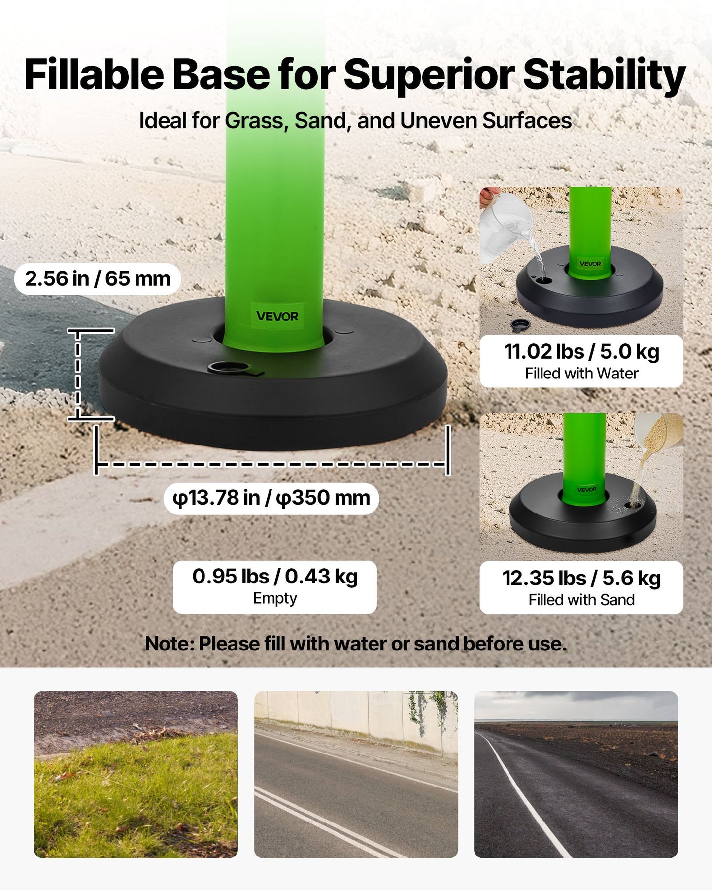 3 Pack Traffic Delineator Posts, 1140 mm Traffic Safety Cones with Fillable Base and Reflective Strips, Heavy Duty Delineator Posts for Construction Site, Parking Lot, Crowd Control, Green