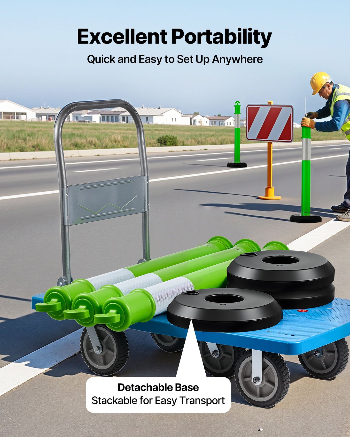 3 Pack Traffic Delineator Posts, 1140 mm Traffic Safety Cones with Fillable Base and Reflective Strips, Heavy Duty Delineator Posts for Construction Site, Parking Lot, Crowd Control, Green