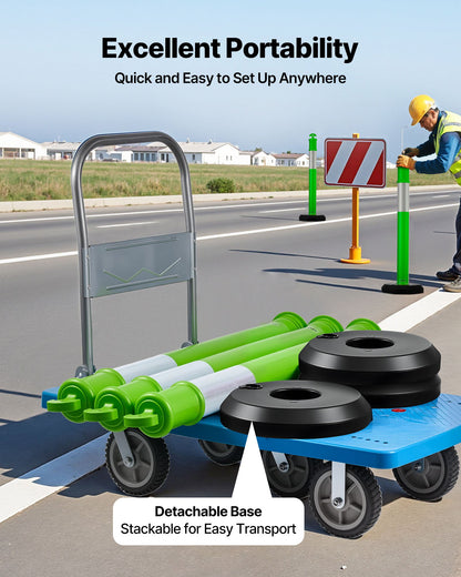 3 Pack Traffic Delineator Posts, 1140 mm Traffic Safety Cones with Fillable Base and Reflective Strips, Heavy Duty Delineator Posts for Construction Site, Parking Lot, Crowd Control, Green