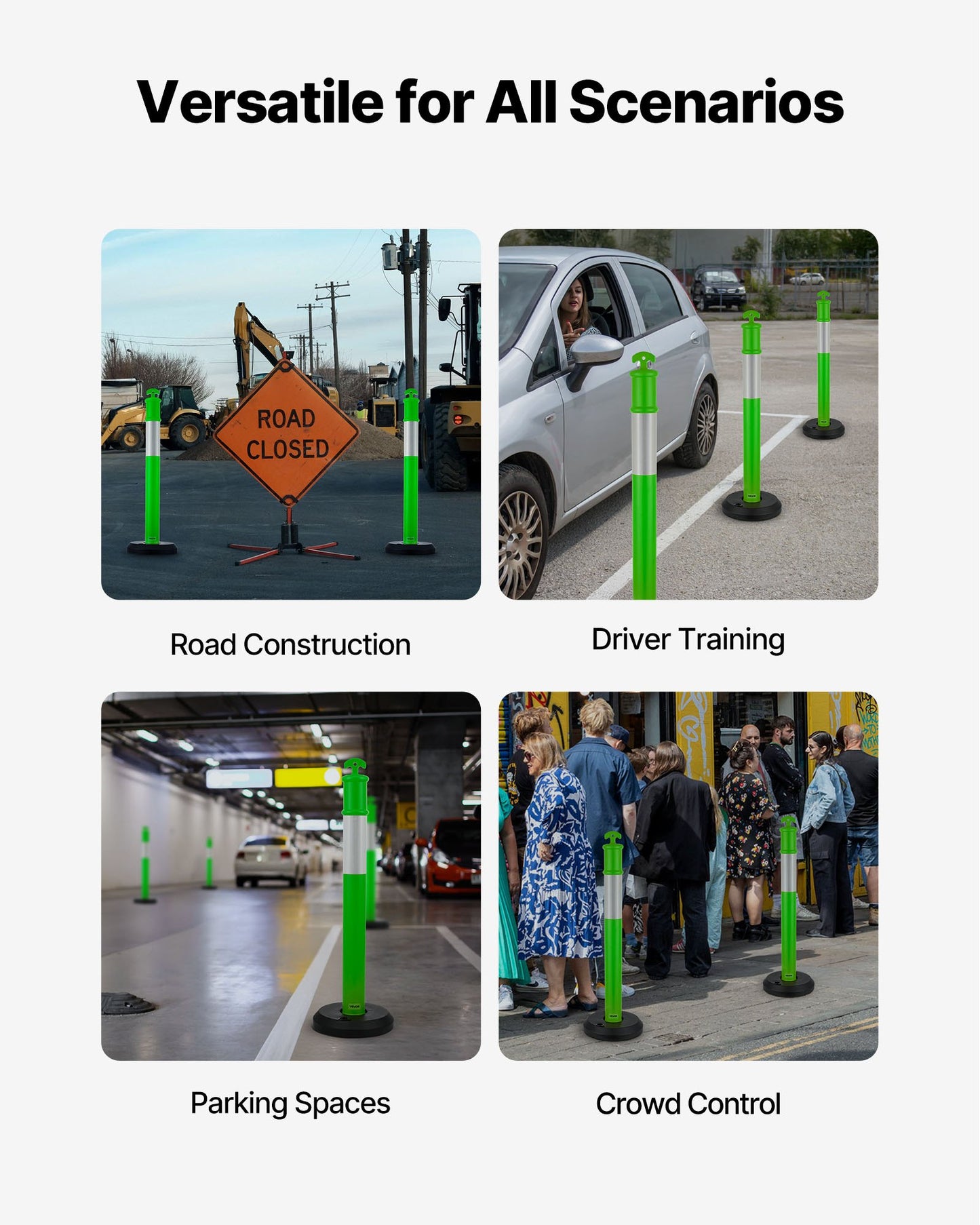 3 Pack Traffic Delineator Posts, 1140 mm Traffic Safety Cones with Fillable Base and Reflective Strips, Heavy Duty Delineator Posts for Construction Site, Parking Lot, Crowd Control, Green