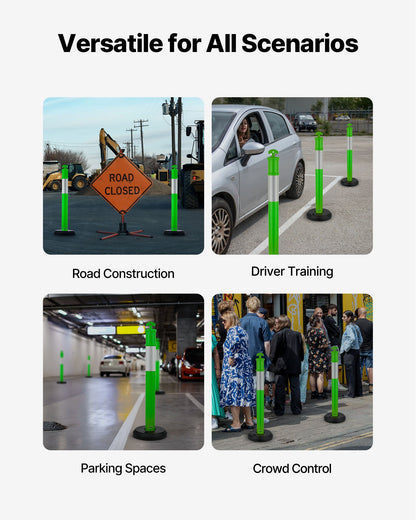 3 Pack Traffic Delineator Posts, 1140 mm Traffic Safety Cones with Fillable Base and Reflective Strips, Heavy Duty Delineator Posts for Construction Site, Parking Lot, Crowd Control, Green