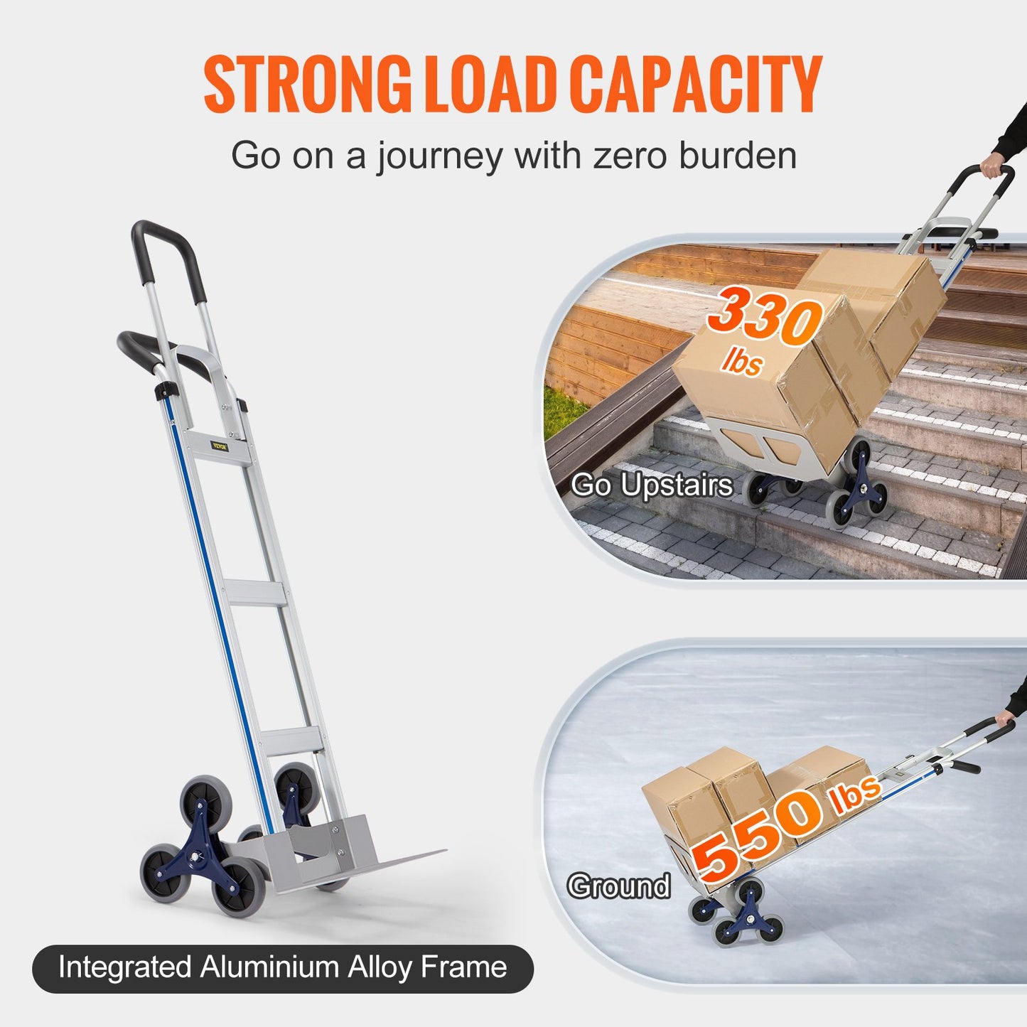 Stair Climbing Cart, 249.5 kg Load Capacity, Aluminum Hand Truck Dolly with Dual Handles, Integrated Frame & Nonslip Rubber Wheels, Multipurpose Stair Climber for Warehouse Shopping Airport