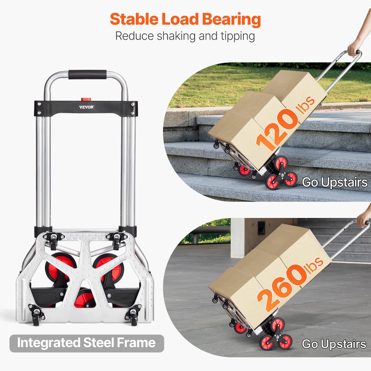 Stair Climbing Cart, 260 lbs Capacity Stair Climber Hand Truck and Dolly, Heavy-Duty Folding Trolley Cart with Telescoping Handle, 10 Wheels & 2 Elastic Ropes for Home Shopping Moving Warehouse