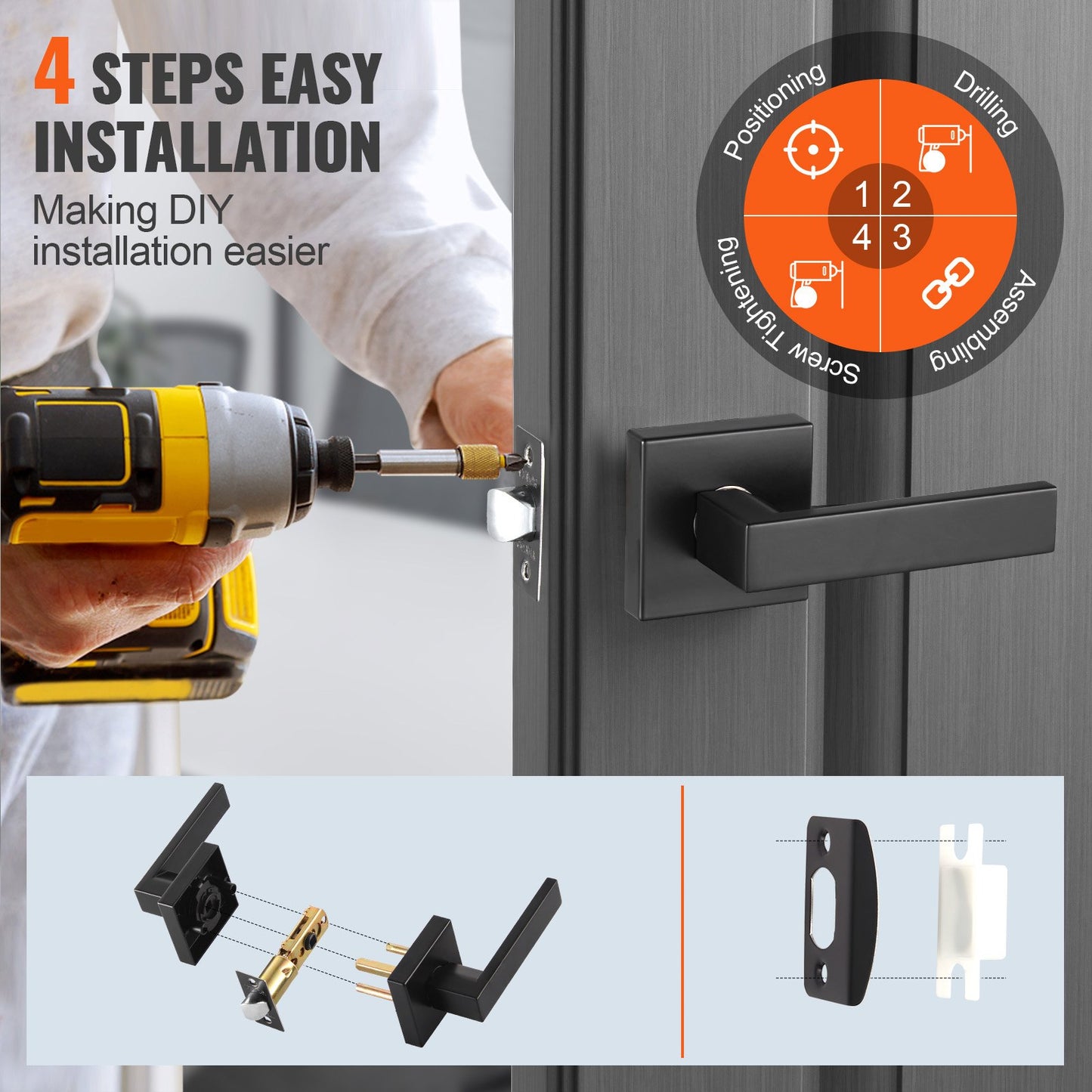 Passage Door Handle, 1 Pack Matte Black Door Lever, Left or Right Handing Reversible Lever Non-Locking, 45° Rotation to Open, Universal Square Interior for Hallways, Closets, Meeting Spaces