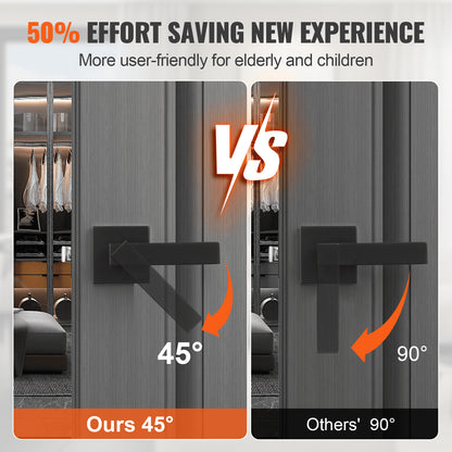 Passage Door Handle, 5 Pack Matte Black Door Lever, Left or Right Handing Reversible Lever Non-Locking, 45° Rotation to Open, Universal Square Interior for Hallways, Closets, Meeting Spaces