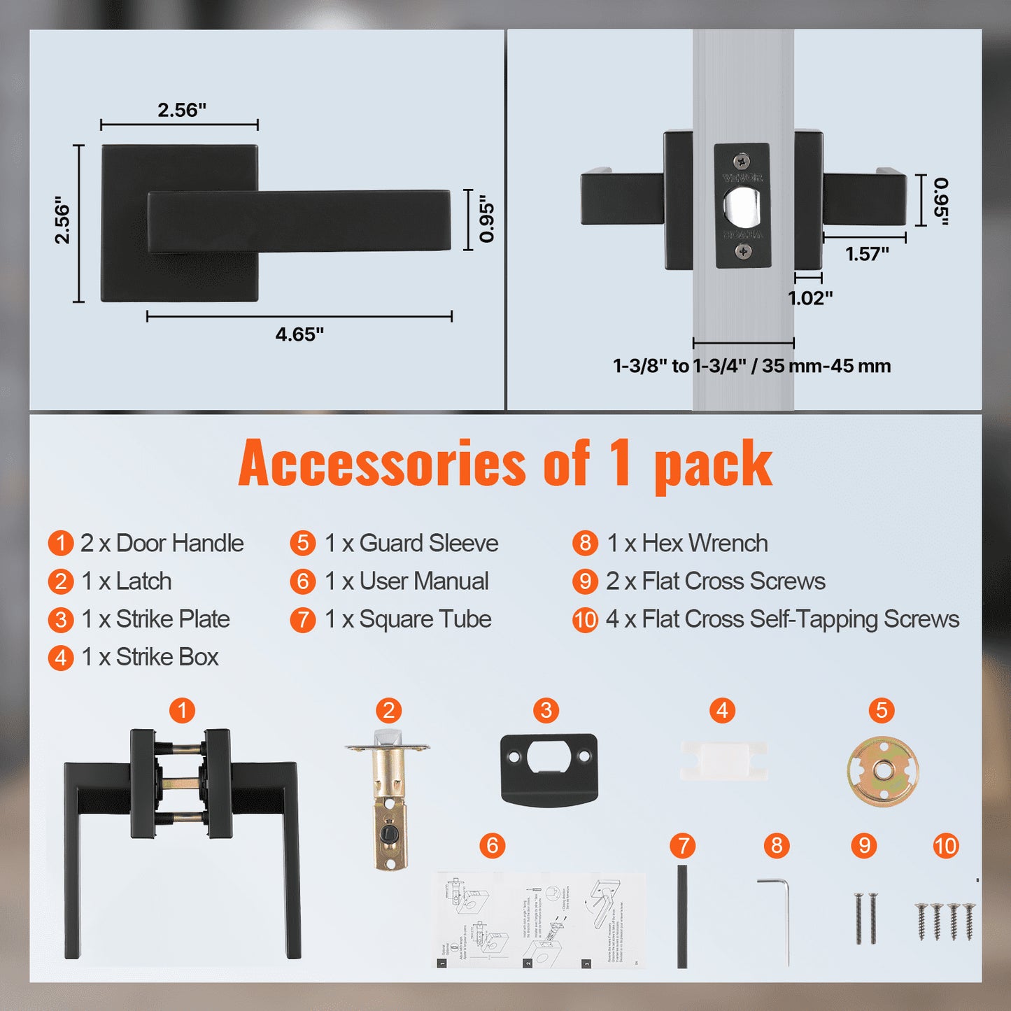 Passage Door Handle, 5 Pack Matte Black Door Lever, Left or Right Handing Reversible Lever Non-Locking, 45° Rotation to Open, Universal Square Interior for Hallways, Closets, Meeting Spaces