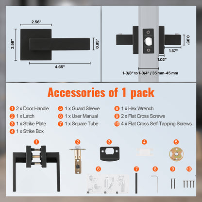 Passage Door Handle, 5 Pack Matte Black Door Lever, Left or Right Handing Reversible Lever Non-Locking, 45° Rotation to Open, Universal Square Interior for Hallways, Closets, Meeting Spaces