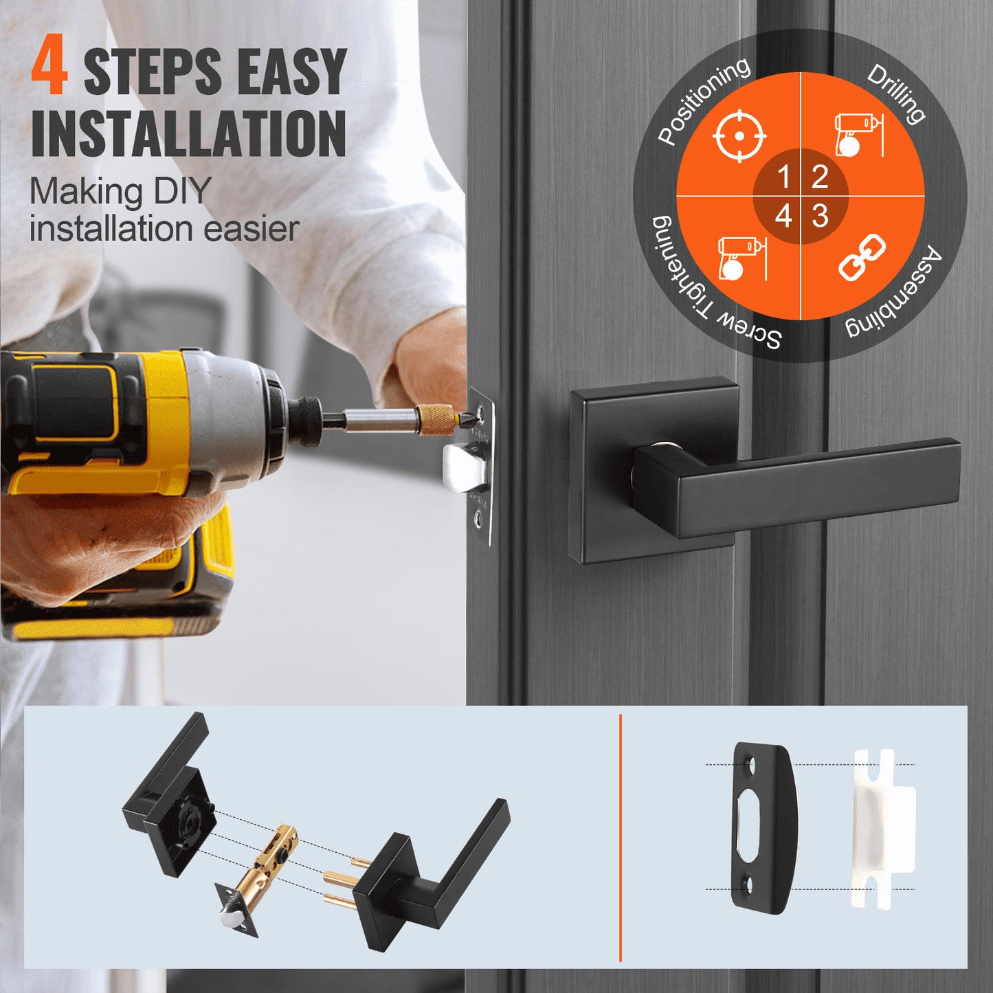 Passage Door Handle, 6 Pack Matte Black Door Lever, Left or Right Handing Reversible Lever Non-Locking, 45° Rotation to Open, Universal Square Interior for Hallways, Closets, Meeting Spaces