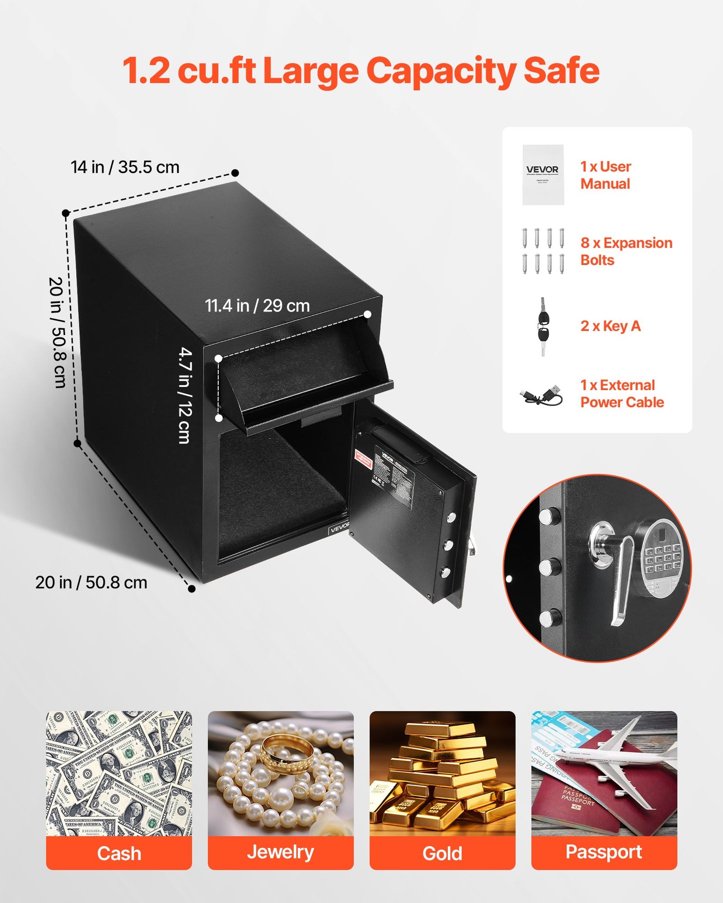 1,2 Kubikfuß großer Einwurftresor mit großem Fassungsvermögen, digitalem Tastenfeld, robustem 2-stöckigem Einwurffach und Ersatzschlüsseln für Bargeld, Bankbelege, Schmuck, Dokumente und Rechnungen, schwarz