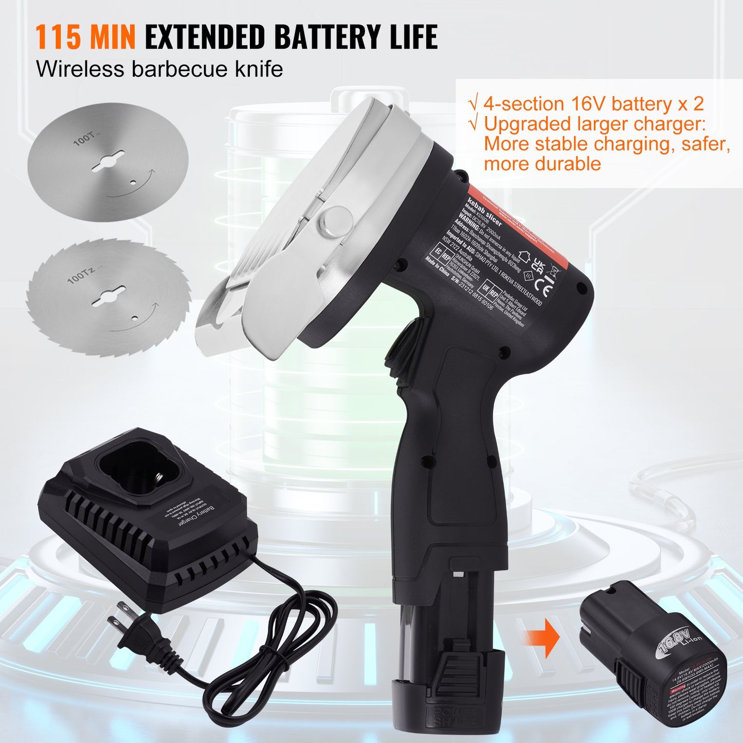 Elektrisches Shawarma-Messer, 80-W-Akku-Profi-Messer für türkische Küche, Gyros-Schneider aus Edelstahl für den gewerblichen Einsatz, Döner-Kebab-Fleischschneider mit 2 Klingen, Ø 100 mm, Schnittstärke 0–8 mm einstellbar