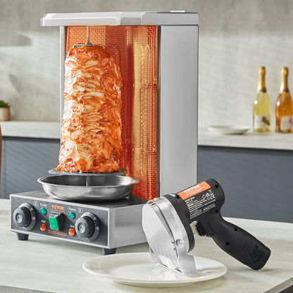 Elektrisches Shawarma-Messer, 80-W-Akku-Profi-Messer für türkische Küche, Gyros-Schneider aus Edelstahl für den gewerblichen Einsatz, Döner-Kebab-Fleischschneider mit 2 Klingen, Ø 100 mm, Schnittstärke 0–8 mm einstellbar