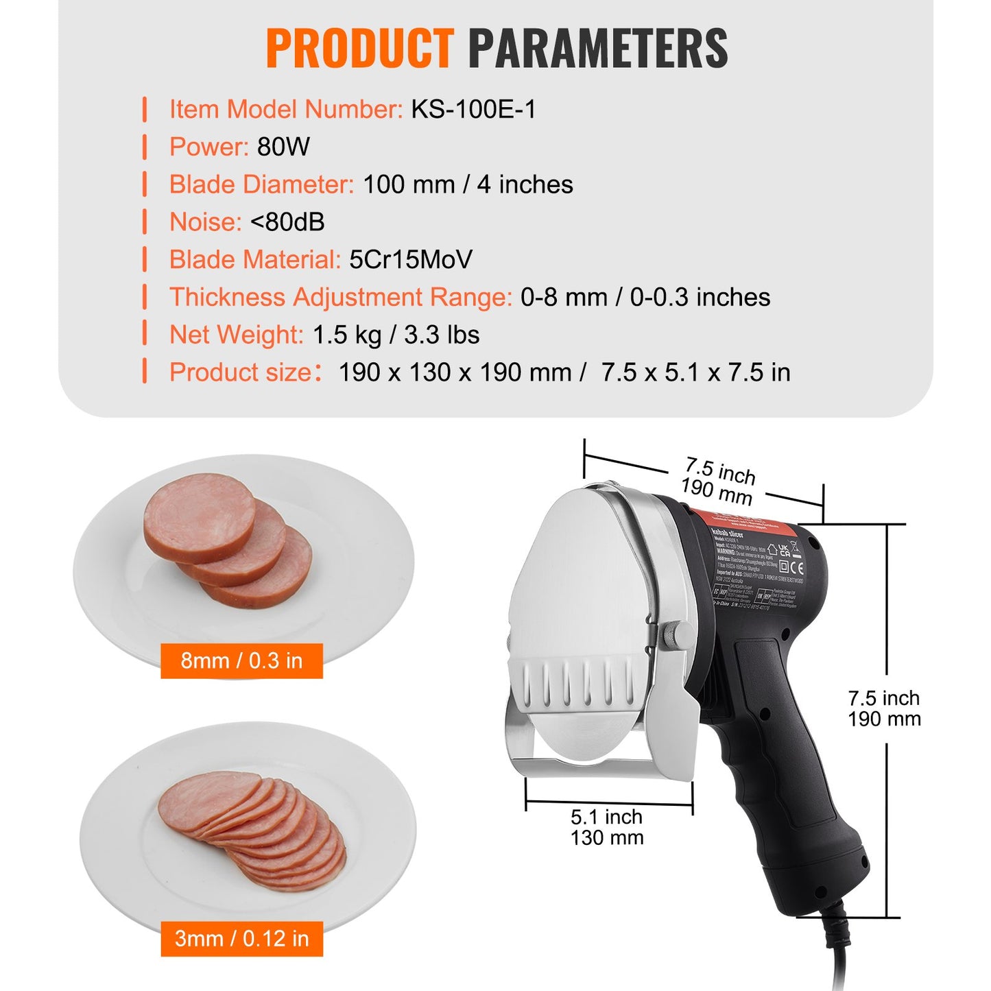 Electric Shawarma Knife, 80W Professional Turkish Kebab Knife, Commercial Stainless Steel Gyro Cutter, Doner Kebab Meat Slicer with 2 Blades, Φ4"/100mm Blade Diameter, 0-8mm Adjustable Thickness