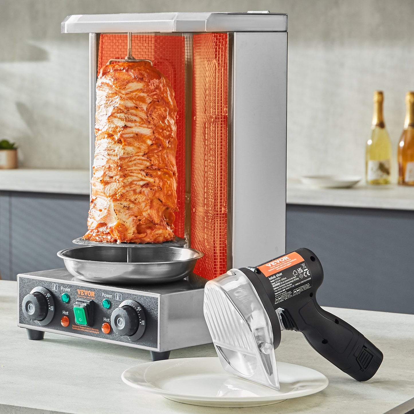 Elektrisches Shawarma-Messer, 80-W-Akku-Profi-Messer für türkische Küche, Gyros-Schneider aus Edelstahl für den gewerblichen Einsatz, Döner-Kebab-Fleischschneider mit 2 Klingen, Ø 100 mm, Schnittstärke 0–8 mm einstellbar