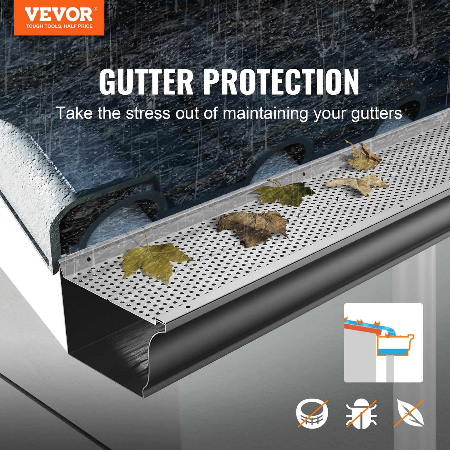 Gutter Guard, 152mm Width, Aluminum Leaf Filter DIY Gutter Cover, 52 PCS 528cm Total Length, 4mm Hole Diameter & 0.5mm Thick Raptor Gutter Guards Fits Any Roof or Gutter Type