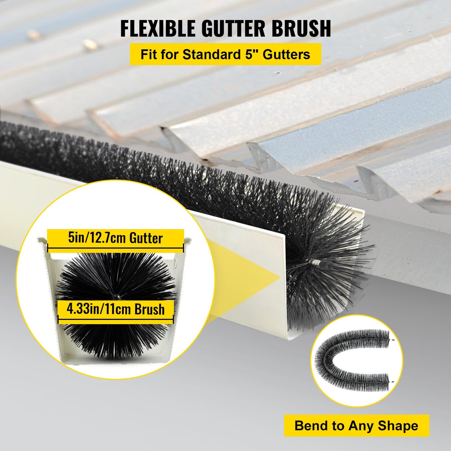 Gutter Guard Brush With 30 FT Length Bristle, 4.33\"(Dia) Gutter Brush Leaf Guard Fit for 5 Inches Gutter, Galvanized Steel Wire Gutter Brush, No Tools, DIY Gutter Leaf Guard for Keep out Debris