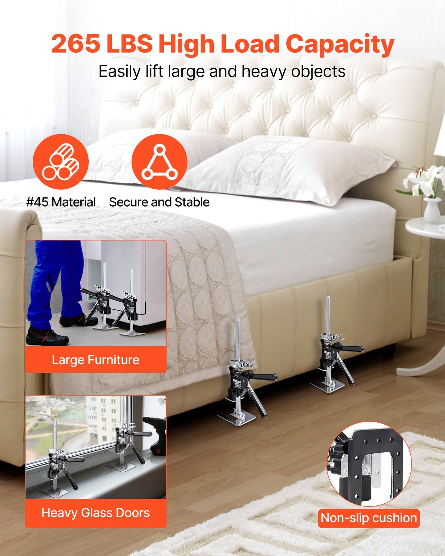 Labor Saving Arm Jack, 2 PCS 200 kg Bearing Capacity, Lifting up to 165 mm, Metal Hand Lifting Jack Tool with Magnetic Level, 2 Adjustment Modes, for Door, Window, Furniture, Woodworking, Black