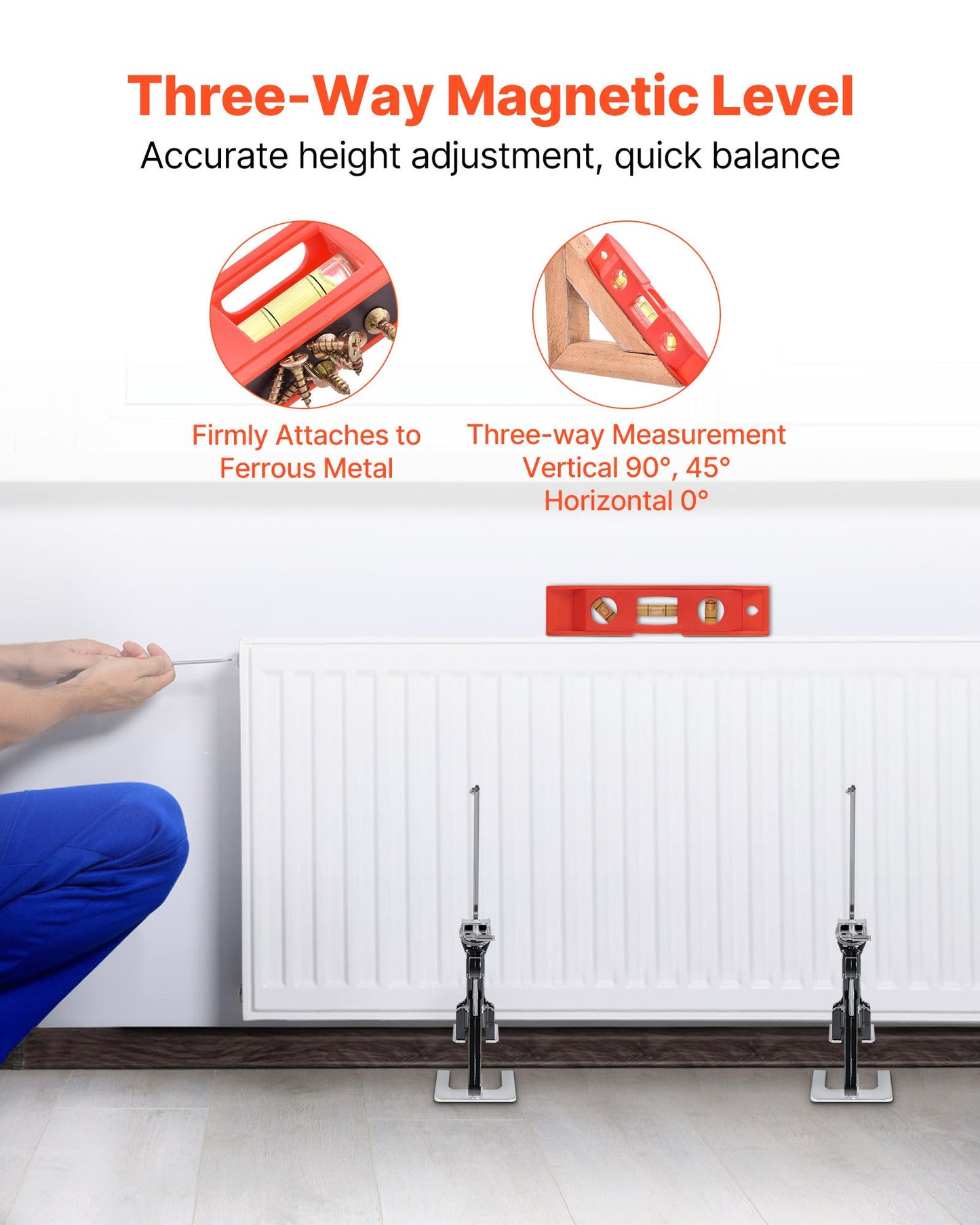 Labor Saving Arm Jack, 2 PCS 200 kg Bearing Capacity, Lifting up to 165 mm, Metal Hand Lifting Jack Tool with Magnetic Level, 2 Adjustment Modes, for Door, Window, Furniture, Woodworking, Black