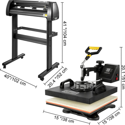 Digitale Klapp-Transferpresse 38 x 38 cm (15 x 15 Zoll) + 86 cm (34 Zoll) Vinylschneidemaschine – Software-Set