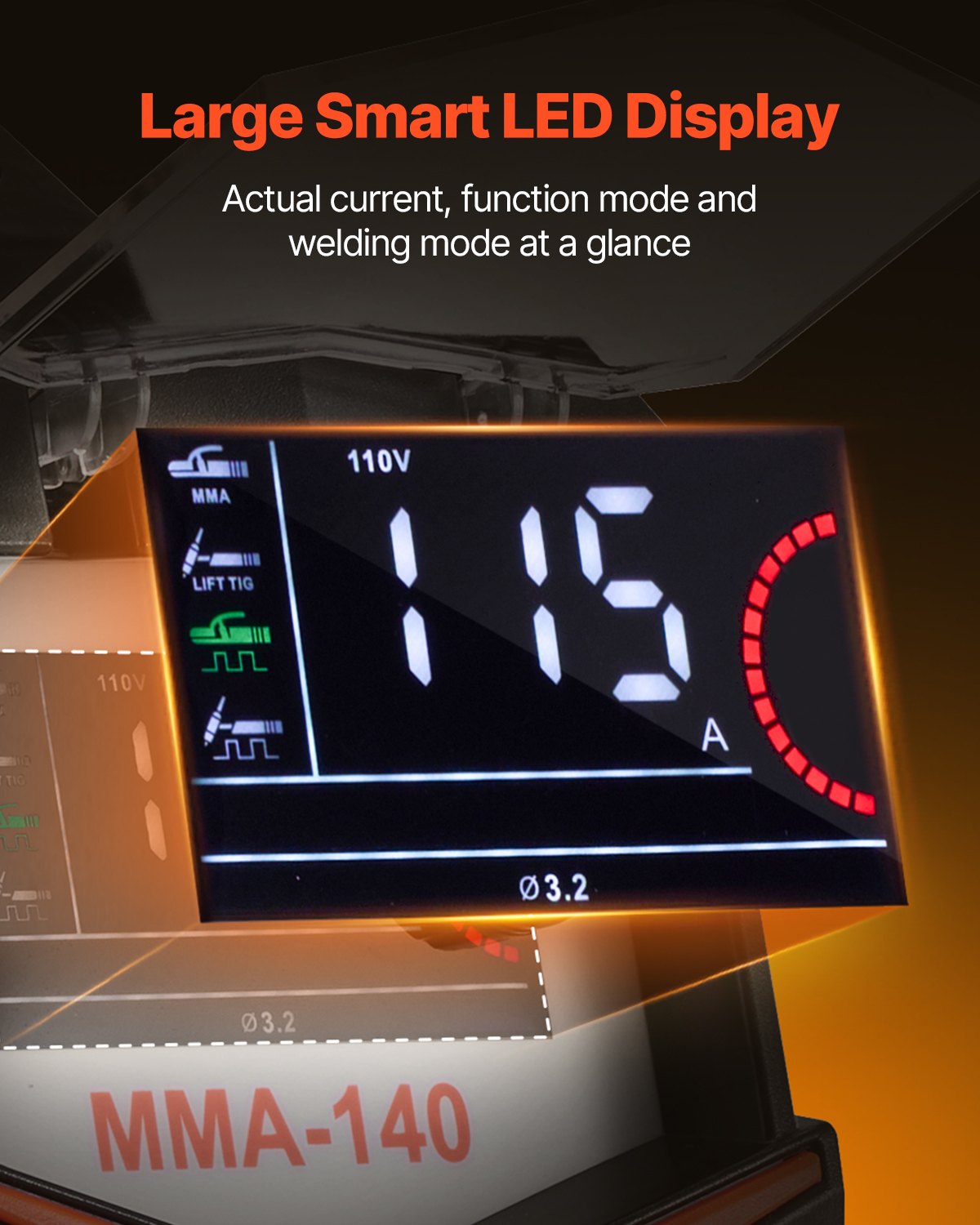 MMA-Schweißgerät, 140 A 4-in-1-Schweißgerät – MMA (Elektrodenschweißen)/DC-Impuls-MMA/DC-Impuls-WIG/Lift-WIG, LED-Display, Synergic Control, IGBT-Inverter, Hot-Start