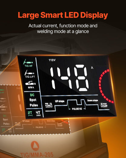 WIG-Schweißgerät, 205 A 3-in-1-Schweißgerät (großes LED-Display) – DC-WIG/DC-Impuls-WIG/MMA (Elektrodenschweißen), Elektroschweißgerät mit IGBT-Inverter und Hochfrequenzzündung