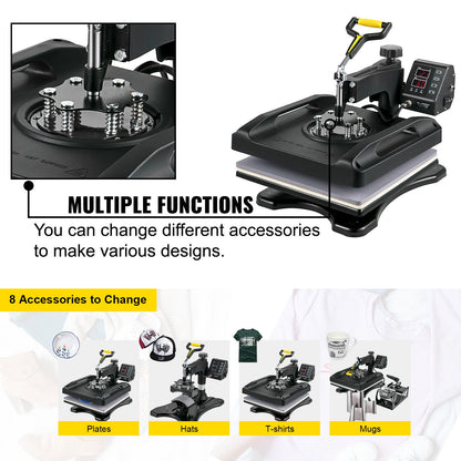 Transferpresse 38,1 x 38,1 cm 8-in-1 Transferpresse 1000 W Sublimationsmaschine 360° drehbare Schwenk-Transferpresse 8-in-1 T-Shirt-Druckmaschine Doppelrohrheizung für DIY T-Shirts Kappen Tassen (Schwarz)