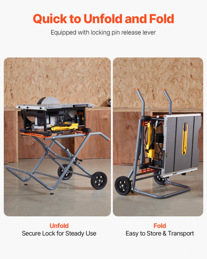 Portable Table Saw Stand, 159 kg/350 lbs Load Capacity, Rolling Foldable Table Saw Table with 203 mm/8 inches Rubber Wheels, Heavy Duty Construction, Easy Storage, Universal for Most Brands of Table Saws