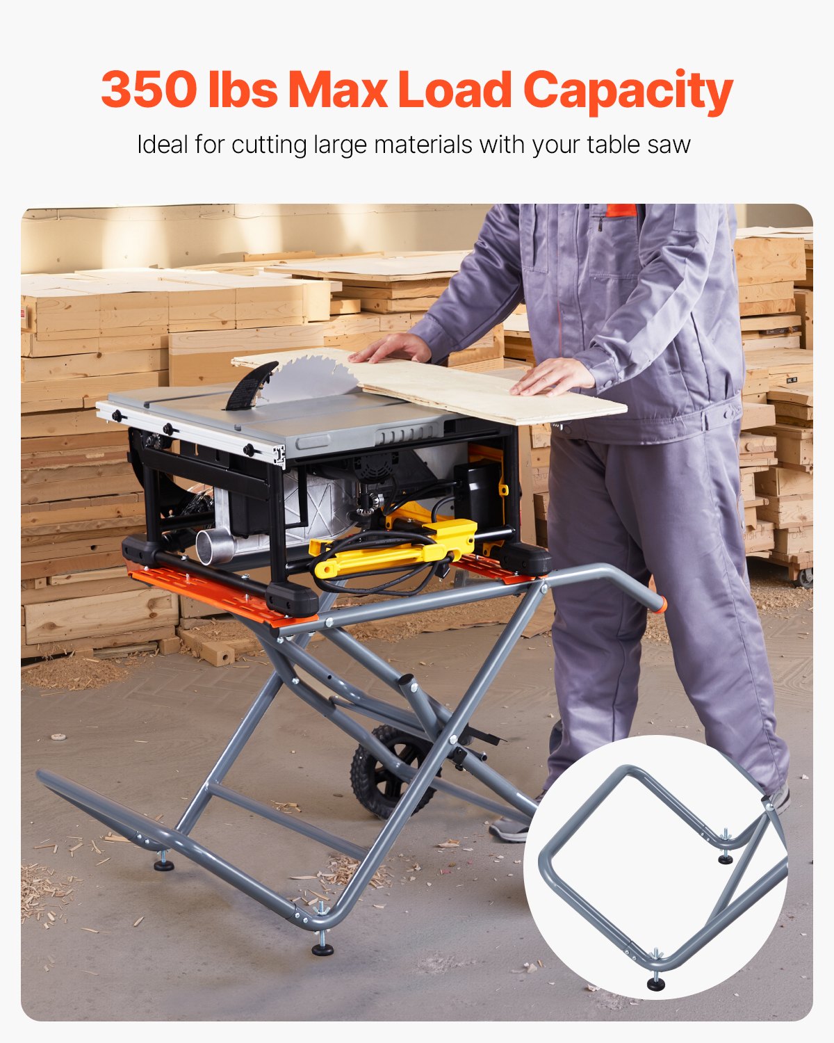 Portable Table Saw Stand, 159 kg/350 lbs Load Capacity, Rolling Foldable Table Saw Table with 203 mm/8 inches Rubber Wheels, Heavy Duty Construction, Easy Storage, Universal for Most Brands of Table Saws