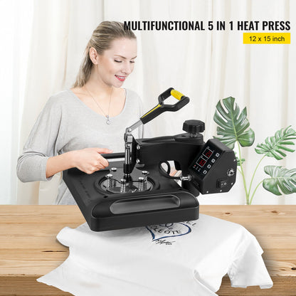 Heat Press Machine 12 x 15 Inch 5 In 1 Shirt Printing Machine 360° Rotation Swing Away Heat Press 5 In 1 Heat Press 1000W Sublimation Machine Dual-Tube Heating for DIY T-Mugs And Shirts Cap