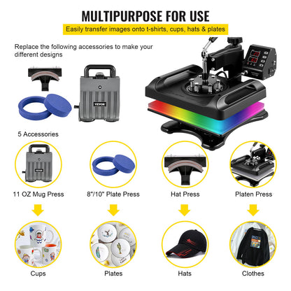 Heat Press Machine 12 x 15 Inch 5 In 1 Shirt Printing Machine 360° Rotation Swing Away Heat Press 5 In 1 Heat Press 1000W Sublimation Machine Dual-Tube Heating for DIY T-Mugs And Shirts Cap