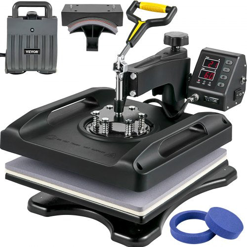 Transferpresse 15 x 15 Zoll, 360° drehbar, schwenkbar, schwarz, 5-in-1-Shirt-Druckmaschine, 1000-W-Sublimationsmaschine mit Doppelrohrheizung für DIY-Deckel, Teller, Tassen