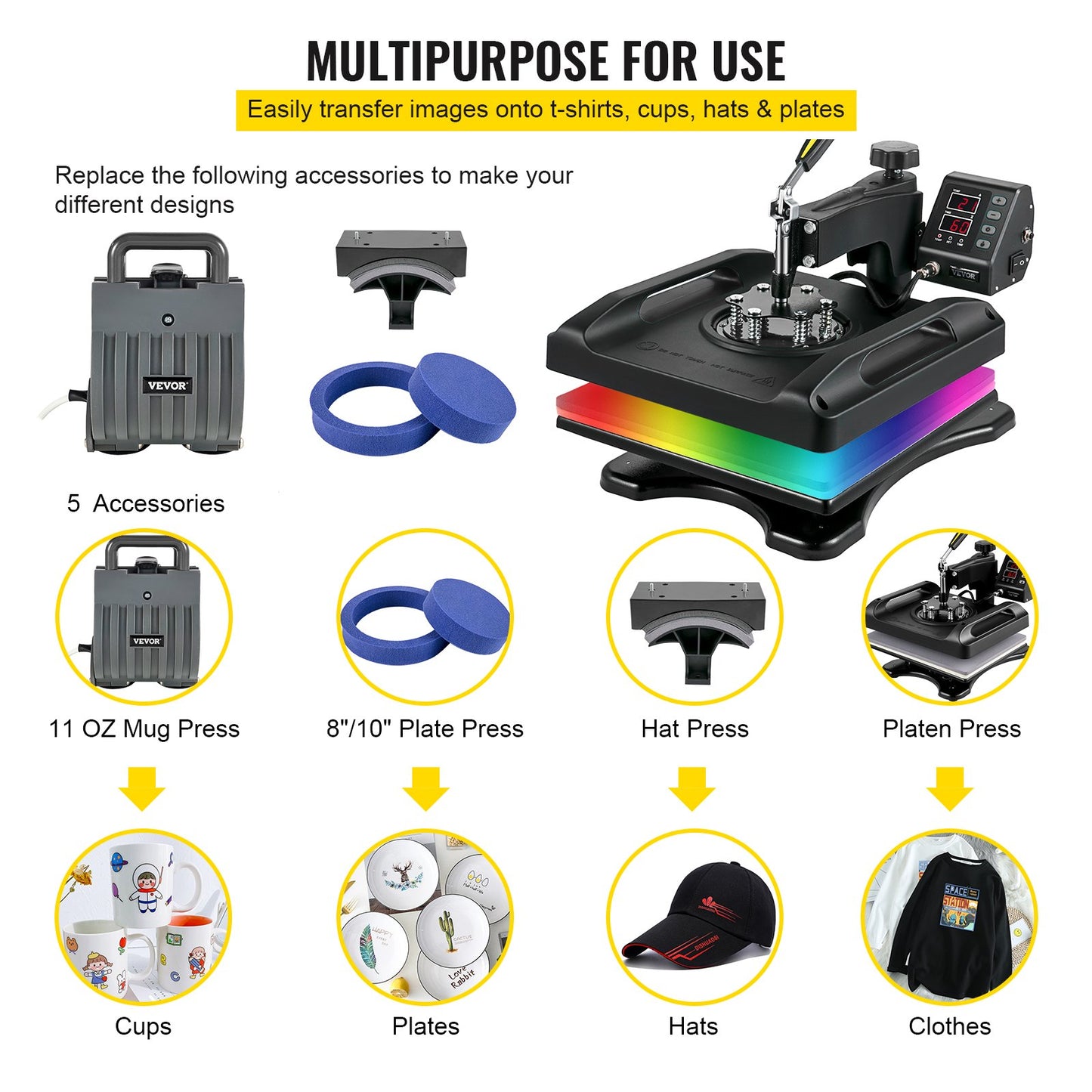 Heat Press Machine 15 x 15 Inch 360° Rotation Swing Away Black Heat Press 5 In 1 Shirt Printing Machine 5 In 1 Heat Press 1000W Sublimation Machine Dual-Tube Heating for DIY Cap Plates Mugs