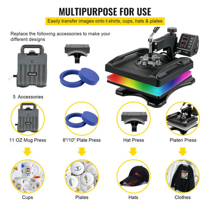 Heat Press Machine 15 x 15 Inch 360° Rotation Swing Away Black Heat Press 5 In 1 Shirt Printing Machine 5 In 1 Heat Press 1000W Sublimation Machine Dual-Tube Heating for DIY Cap Plates Mugs