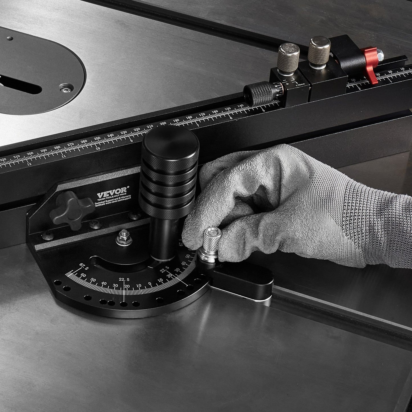 Precision Miter Gauge, Standard Slot 19 x 9.5 mm, Aluminum Alloy Table Saw Miter Gauge with 61 cm Grating 15 Angle Stops Adjustable Spring Loaded Plunger and Removable Disc, for Woodworking