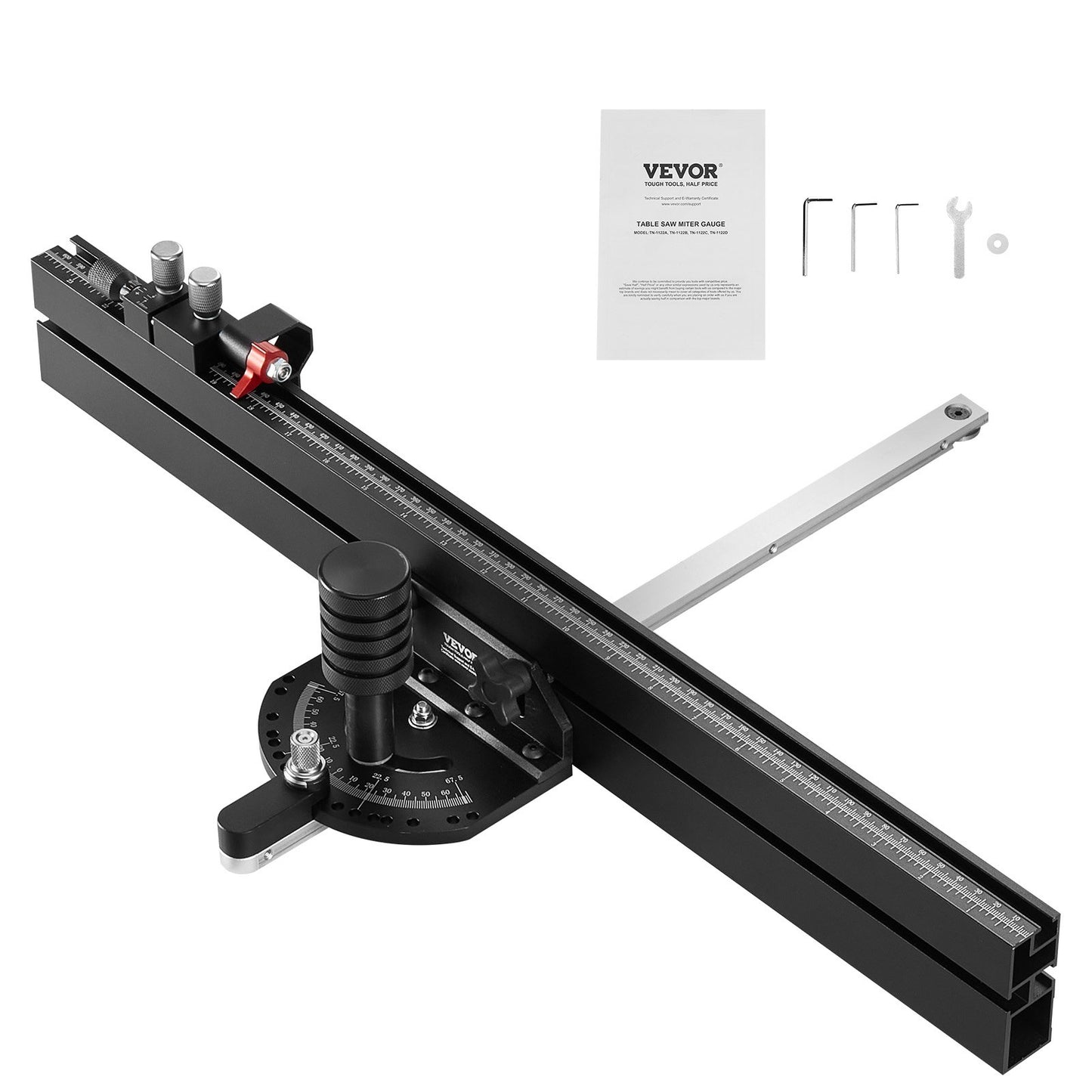 Precision Miter Gauge, Standard Slot 19 x 9.5 mm, Aluminum Alloy Table Saw Miter Gauge with 61 cm Grating 15 Angle Stops Adjustable Spring Loaded Plunger and Removable Disc, for Woodworking