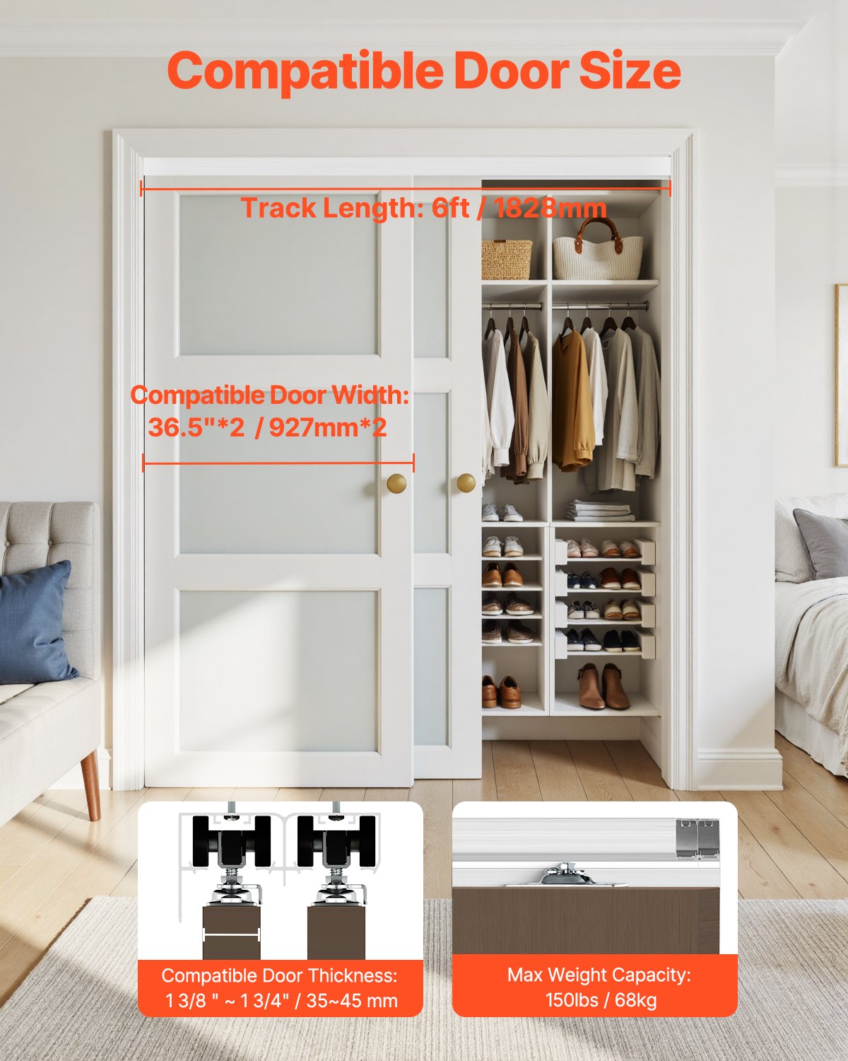 Bypass Door Hardware, 6ft Heavy Duty Bypass Sliding Door Hardware Kit, Aluminum Alloy Sliding Closet Door Hardware Set for 2 Door System, Fit Door Thickness 1 3/8 " - 1 3/4", Easy to Install