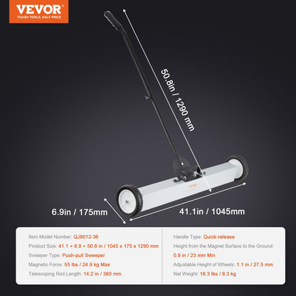 24.9 kg Rolling Magnetic Sweeper with Wheels,Push-Type Magnetic Pick Up Sweeper, 24-inch Large Magnet Pickup Lawn Sweeper with Telescoping Handle, Easy Cleanup of Workshop Garage Yard