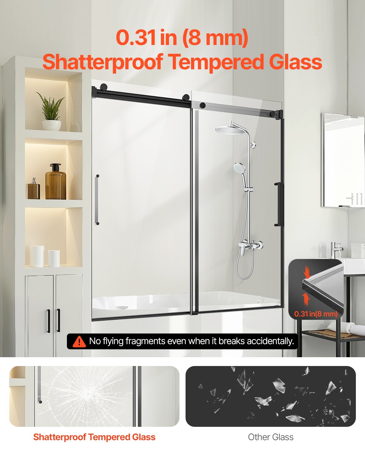 Frameless Sliding Bathtub Door, 56-60 in.W x 60 in.H, Frameless Shower Glass Door, Frameless Double Sliding Tub Door with 5/16 in Clear Tempered Glass and Stainless Steel Handle, Black Finish