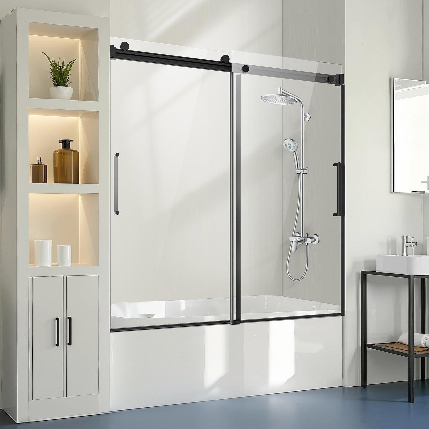 Frameless Sliding Bathtub Door, 56-60 in.W x 60 in.H, Frameless Shower Glass Door, Frameless Double Sliding Tub Door with 5/16 in Clear Tempered Glass and Stainless Steel Handle, Black Finish