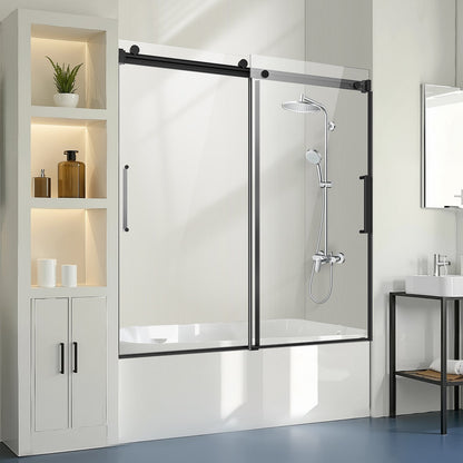 Frameless Sliding Bathtub Door, 56-60 in.W x 60 in.H, Frameless Shower Glass Door, Frameless Double Sliding Tub Door with 5/16 in Clear Tempered Glass and Stainless Steel Handle, Black Finish