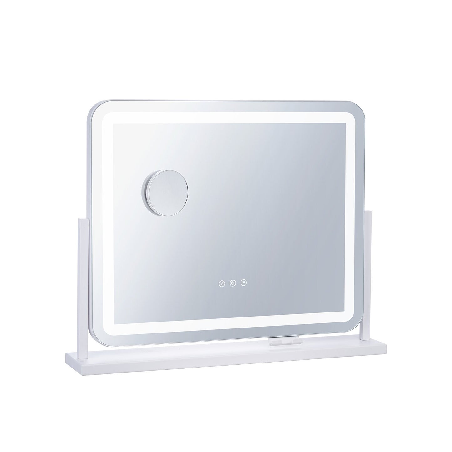 Kosmetikspiegel mit Beleuchtung, drei Farblichtmodi, beleuchtetem LED-Schminkspiegel und 5-facher Vergrößerung, USB-Anschluss, Smart-Touch-Steuerung, 360°-Drehung (21,7 x 17,7 Zoll, Weiß)