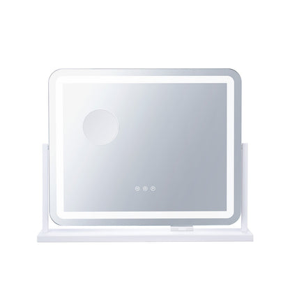 Kosmetikspiegel mit Beleuchtung, drei Farblichtmodi, beleuchtetem LED-Schminkspiegel und 5-facher Vergrößerung, USB-Anschluss, Smart-Touch-Steuerung, 360°-Drehung (21,7 x 17,7 Zoll, Weiß)