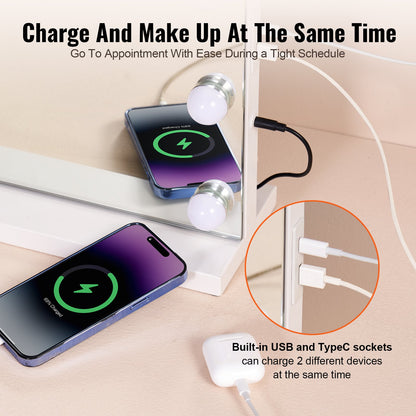 Hollywood Vanity Mirror With Lights w/ USB Type C Desktop Wallmount 59.9 cm