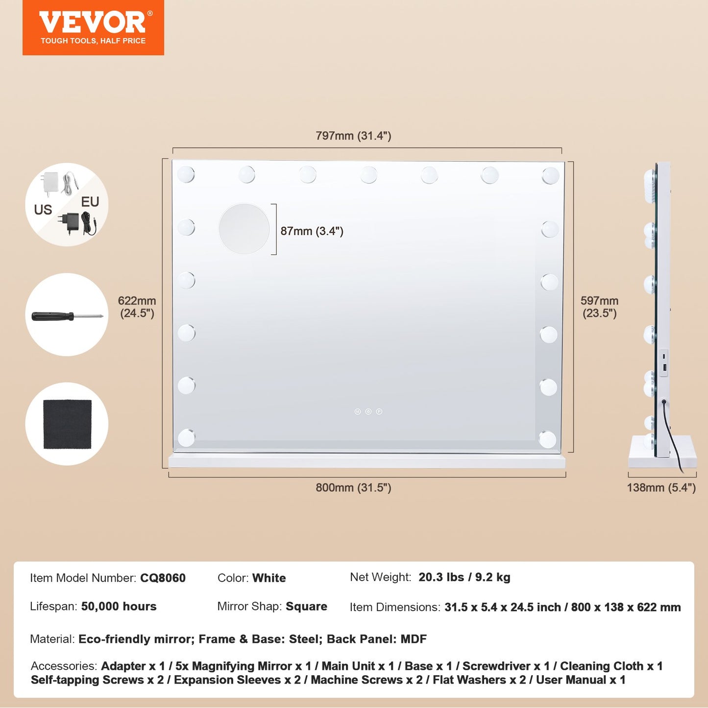 Hollywood Vanity Mirror With Lights w/ USB Type C Desktop Wallmount 59.9 cm