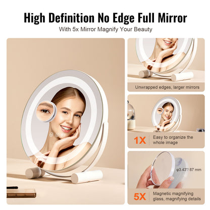 12” Vanity Mirror With Lights, LED Makeup Mirror 3 Color Lighting Modes, with 5X Magnification Mirror, Smart Touch Control, 360°Rotation,Round Lighted Makeup Mirror for Bedroom Tabletop (White)