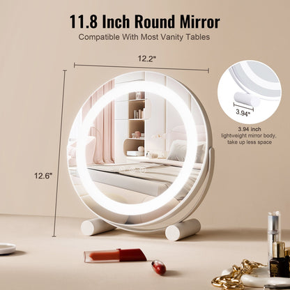 12” Vanity Mirror With Lights, LED Makeup Mirror 3 Color Lighting Modes, with 5X Magnification Mirror, Smart Touch Control, 360°Rotation,Round Lighted Makeup Mirror for Bedroom Tabletop (White)