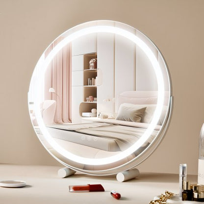 20” Vanity Mirror With Lights, LED Makeup Mirror 3 Color Lighting Modes, with 5X Magnification Mirror, Smart Touch Control, 360°Rotation,Round Lighted Makeup Mirror for Bedroom Tabletop (White)