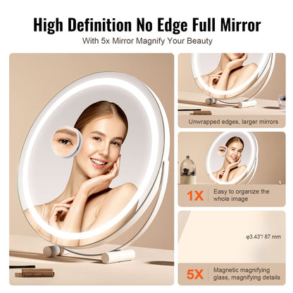 20” Vanity Mirror With Lights, LED Makeup Mirror 3 Color Lighting Modes, with 5X Magnification Mirror, Smart Touch Control, 360°Rotation,Round Lighted Makeup Mirror for Bedroom Tabletop (White)