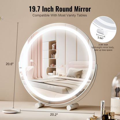 20” Vanity Mirror With Lights, LED Makeup Mirror 3 Color Lighting Modes, with 5X Magnification Mirror, Smart Touch Control, 360°Rotation,Round Lighted Makeup Mirror for Bedroom Tabletop (White)